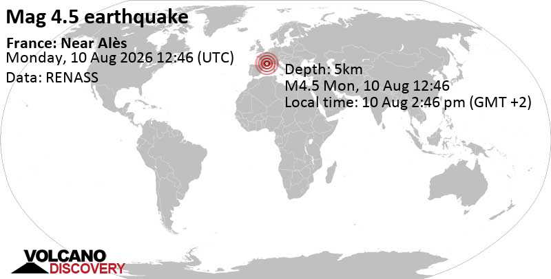 4.5 quake Lozère, 43 km west of Ales, Gard, Occitanie, France, Aug 10, 2026 02:46 pm (Paris time)