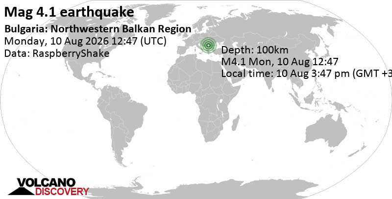 4.1 quake 43 km west of Vidin, Oblast Vidin, Bulgaria, Aug 10, 2026 02:47 pm (Sofia time)
