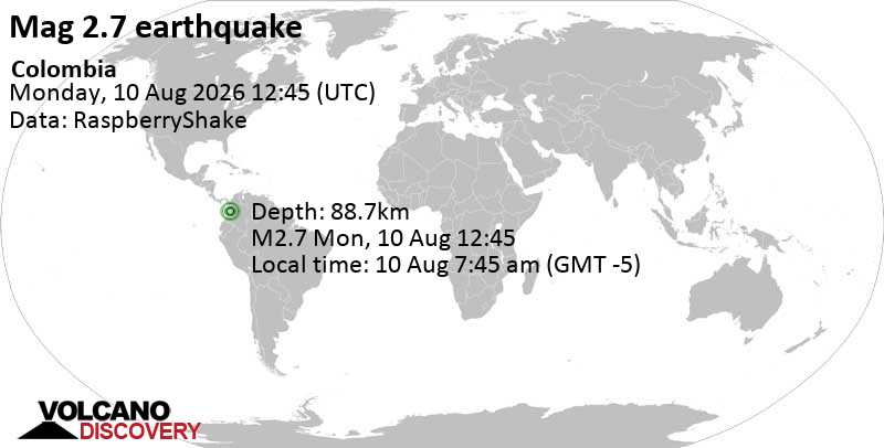 2.7 quake 64 km south of Tado, Departamento del Choco, Colombia, Aug 10, 2026 07:45 am (GMT -5)
