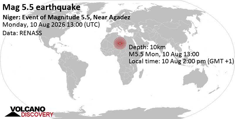 5.5 quake Agadez, Niger, Aug 10, 2026 02:00 pm (Niamey time)