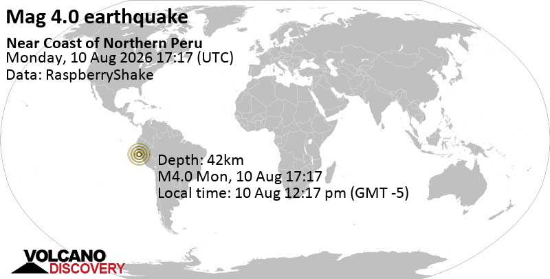 4.0 quake South Pacific Ocean, 50 km southwest of Trujillo, La Libertad, Peru, Aug 10, 2026 12:17 pm (GMT -5)