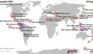 Worldwide earthquakes above magnitude 3 during the past 24 hours on 10 Aug 2026