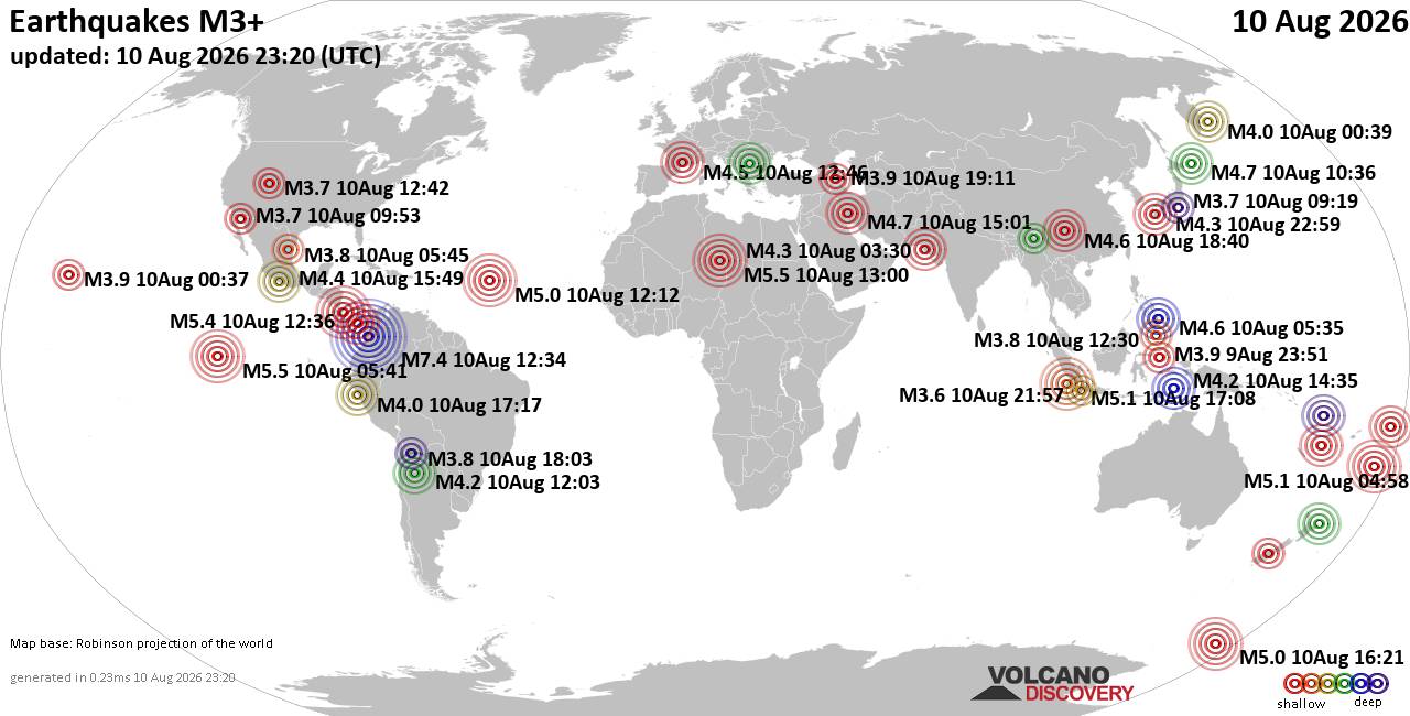 Worldwide earthquakes above magnitude 3 during the past 24 hours on 10 Aug 2026