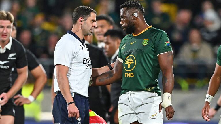 Referee Nika Amashukeli speaks to Boks captain Siya Kolisi during the Test in Wellington last year..