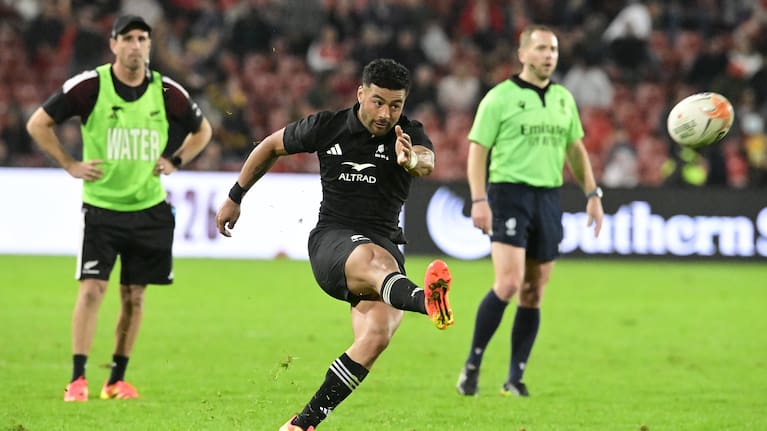 Richie Mo'unga attempts a shot at goal at Ellis Park.