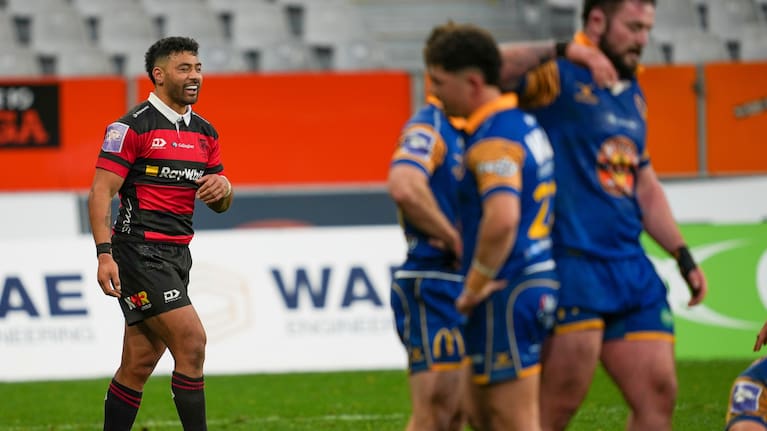 Richie Mo'unga celebrates the end of Canterbury's successful Ranfurly Shield challenge against Otago.