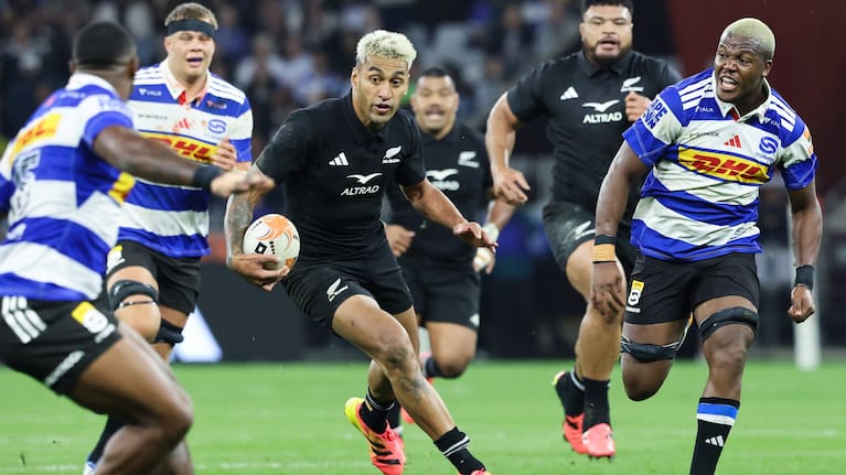Rieko Ioane makes a run for the All Blacks against the Stormers.