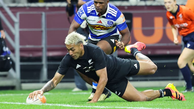 Rieko Ioane scores for the All Blacks against the Stormers in Cape Town.