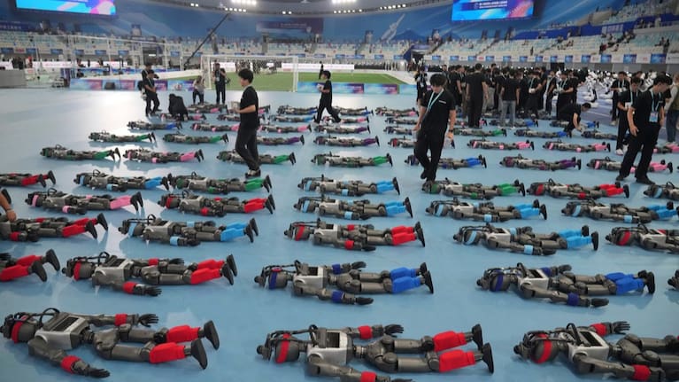 Robots are prepared ahead the opening ceremony of the World Humanoid Robot Games in Beijing, Saturday, August 22, 2026.