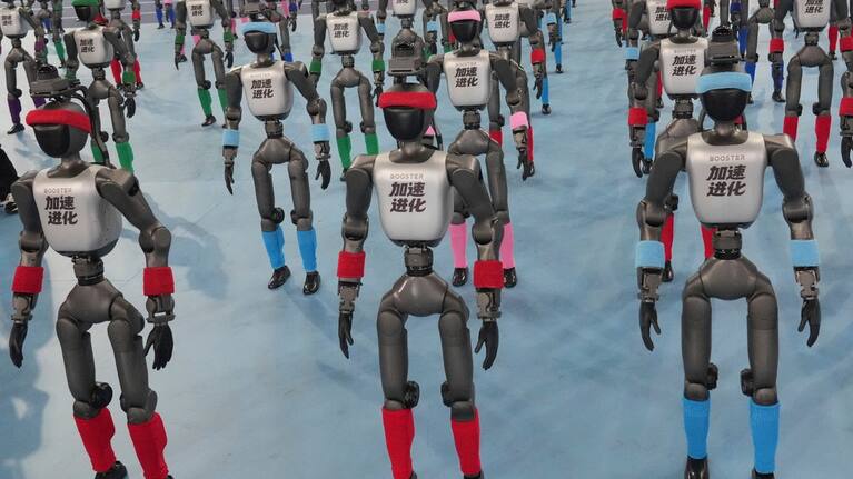 Robots are prepared ahead the opening ceremony of the World Humanoid Robot Games in Beijing, Saturday, August 22, 2026.