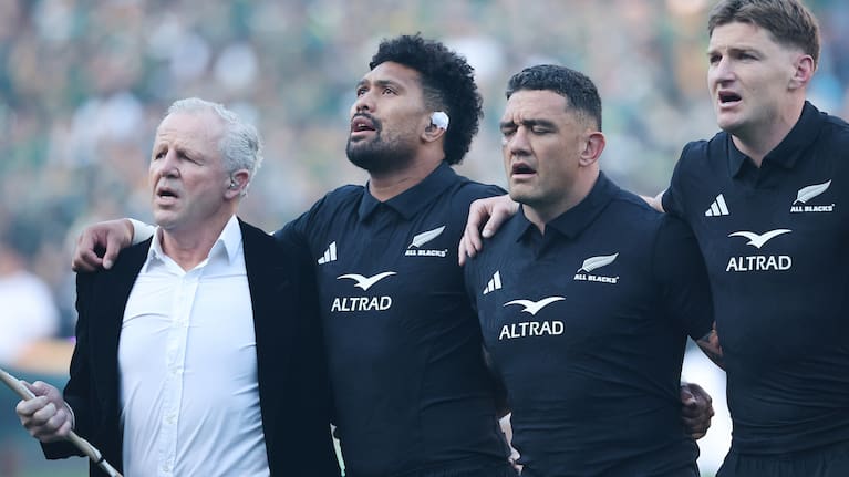 Sean Fitzpatrick joins Ardie Savea, Codie Taylor and Jordie Barrett for the anthem