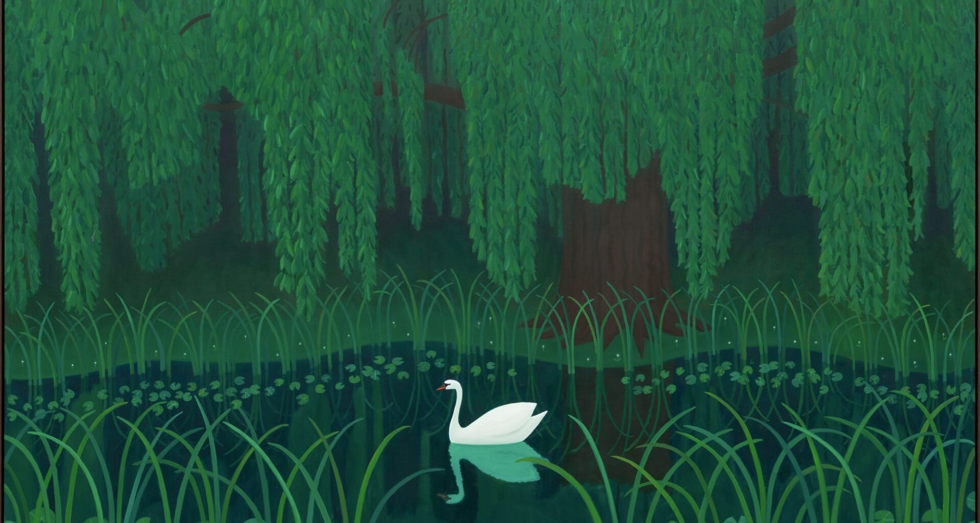 a painting by ben sledsens of a swan in a pond surrounded by lush green foliage