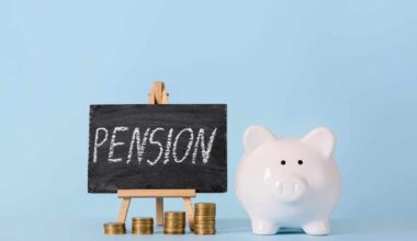 Piggy bank with savings and chalkboard with word PENSION on color background
