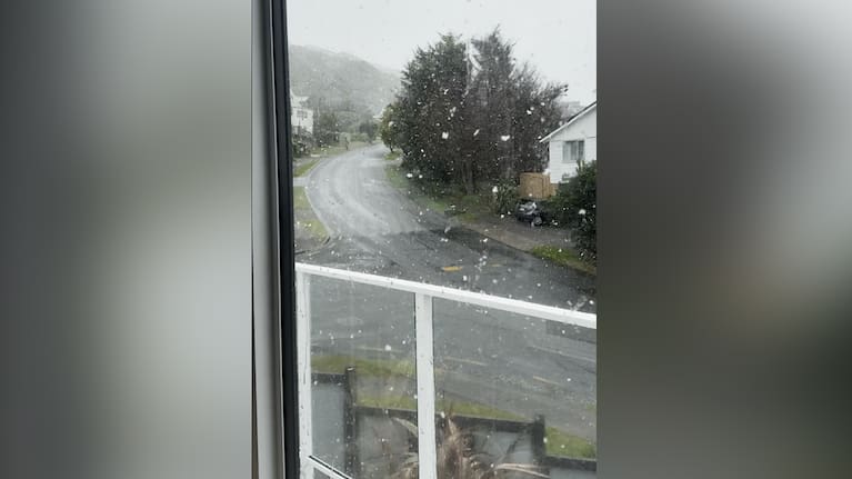 Snow falling outside a home in Broadmeadows, Wellington. (Source: Supplied / Amelia Schwalger)