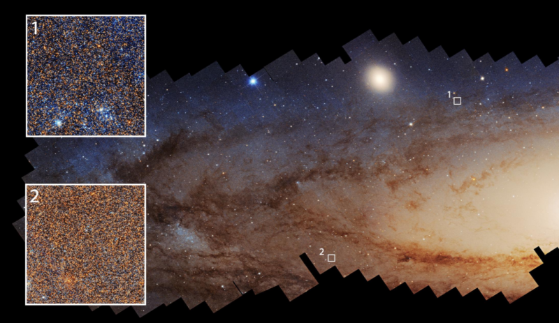 Oblique view of part of a spiral galaxy with 2 insets showing a lot of blue stars and a lot of red stars.