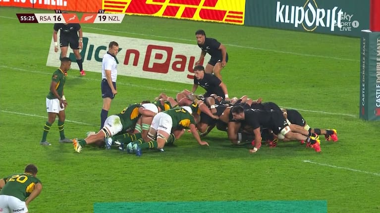 The All Blacks and Springboks during the first Test