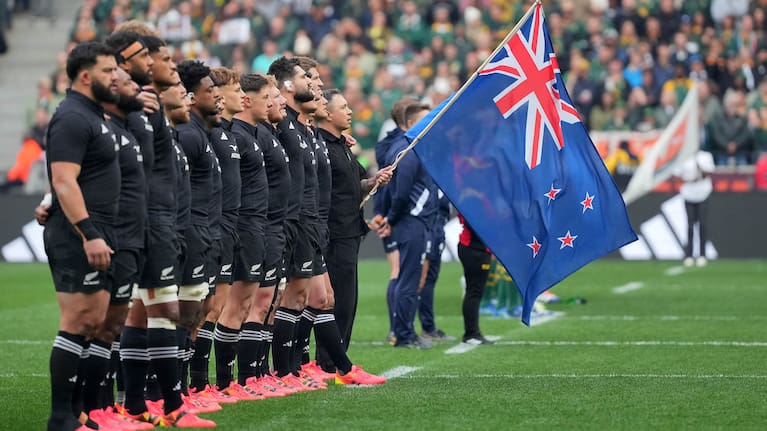The All Blacks during the national anthems at Cape Town