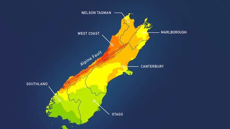 The Alpine Fault stretches most of the length of the South Island of New Zealand.