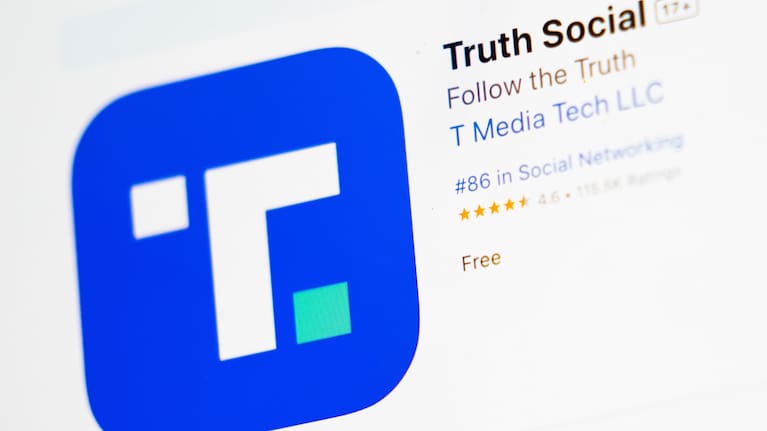 The download screen for the Truth Social app is displayed on a laptop computer, March 20, 2024, in New York.