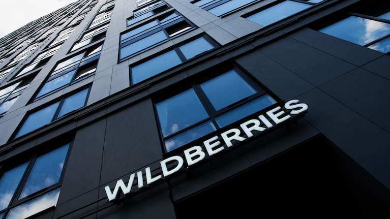 The name of an outlet of Russia's major online retailer Wildberries is seen on building in Moscow.