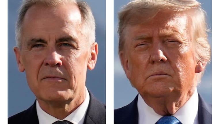 This combination of images shows Canada's Prime Minister Mark Carney and President Donald Trump during a group photo at the G7 Summit