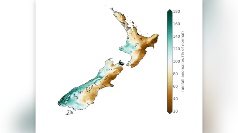 This map shows summer rainfall during the strong 1997–98 El Niño, shown as a percentage of normal. Rainfall was well below normal across much of the north and east of both islands, while western and southern areas – particularly the lower South Island – were considerably wetter.