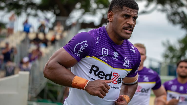 Tui Kamikamica of the Melbourne Storm gestures during the NRL Pre-season challenge match between Melbourne Storm and Newcastle Knights at Churchill Park on February 24, 2024 in Lautoka, Fiji.