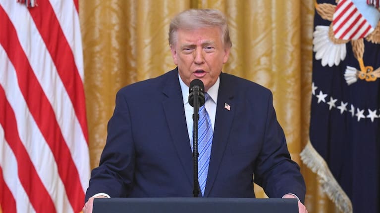 US President Donald Trump speaks in the East Room of the White House in Washington. (Source: Saul Loeb/Pool via AP)