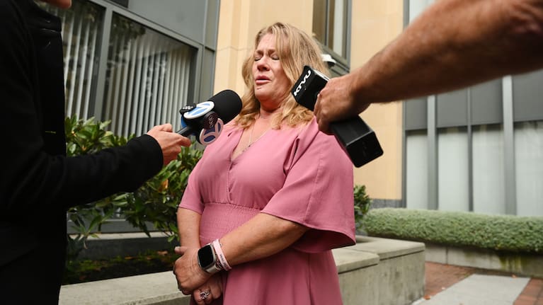 Victoria Hicks gets emotional after talking about her daughter with the media outside court after tech giant Meta agreed to pay $17 billion as part of a settlement to end a landmark trial over teen social media addiction