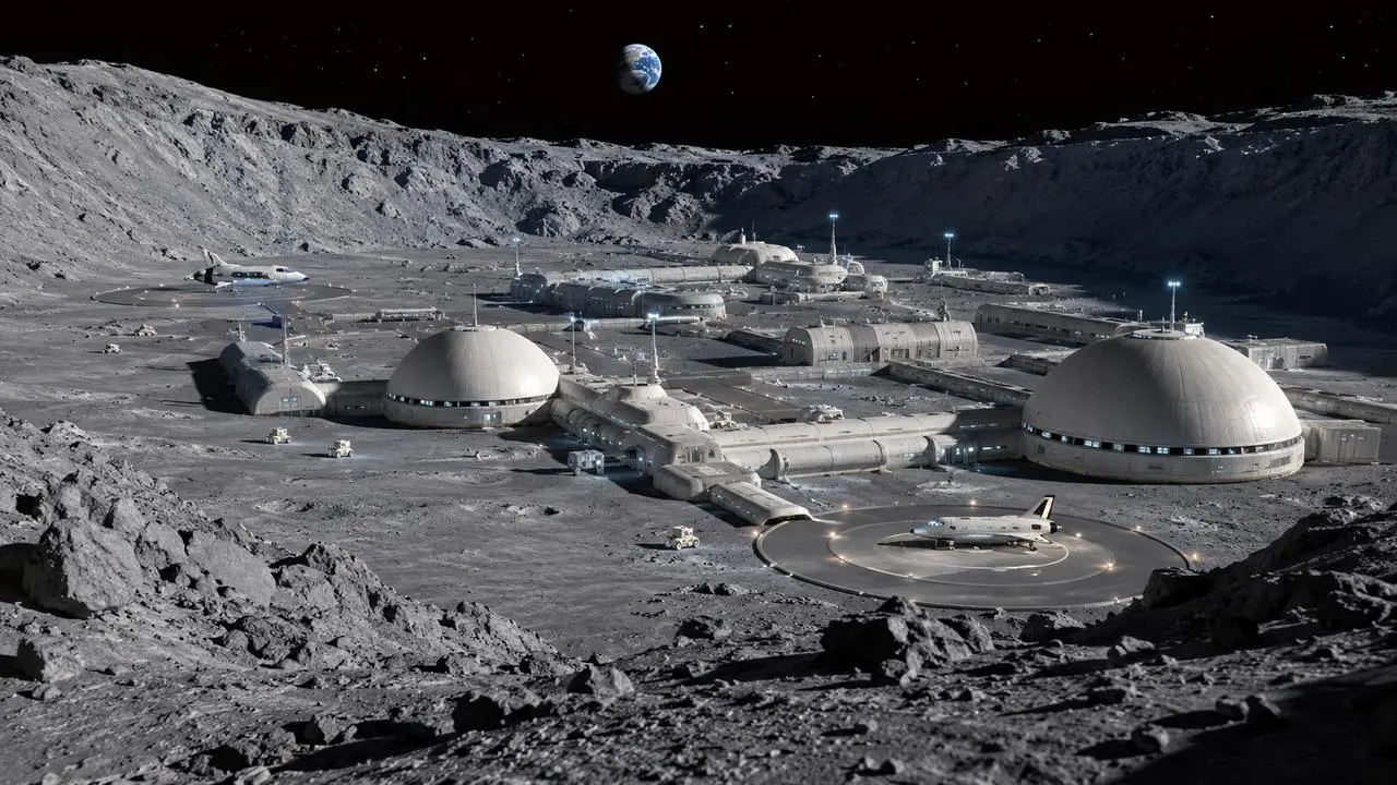 An AI-generated view of a lunar base in a crater near the lunar South Pole.