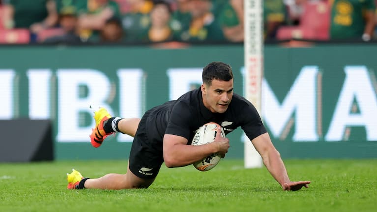 Wing Josh Moorby scores for the All Blacks against the Boks.