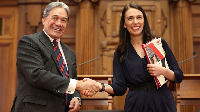 Winston Peters and Jacinda Ardern shake on their 2017 coalition agreement