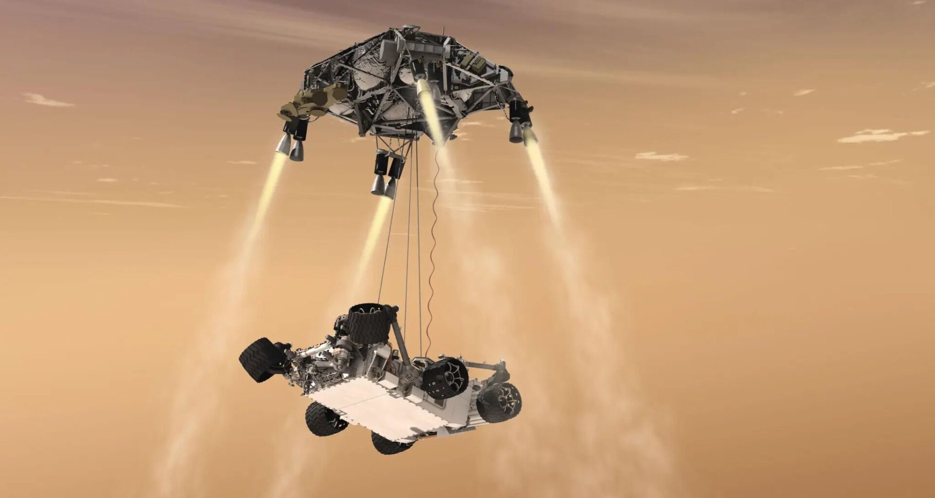 artist's impression of curiosity rover landing on the Mars surface.