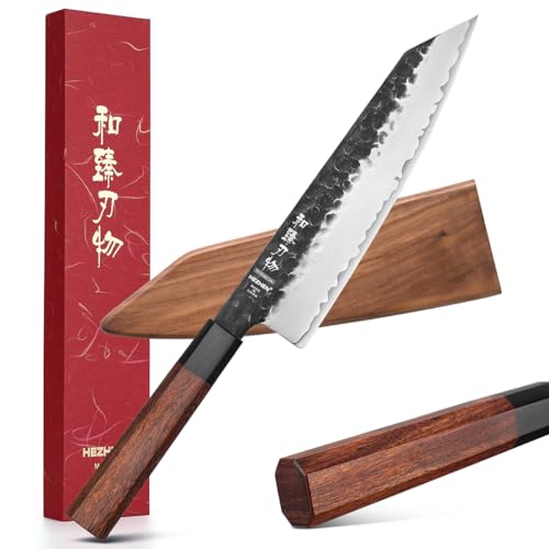 Hezhen- 8.5&rdquo; Chef Knife, 3 Layers High Carbon Clad Steel Kiritsuke Knife, Composite Forging Steel, Professional Japanese Kitchen Knife, Redwood Octagonal Handle With Wooden Knife Sheath