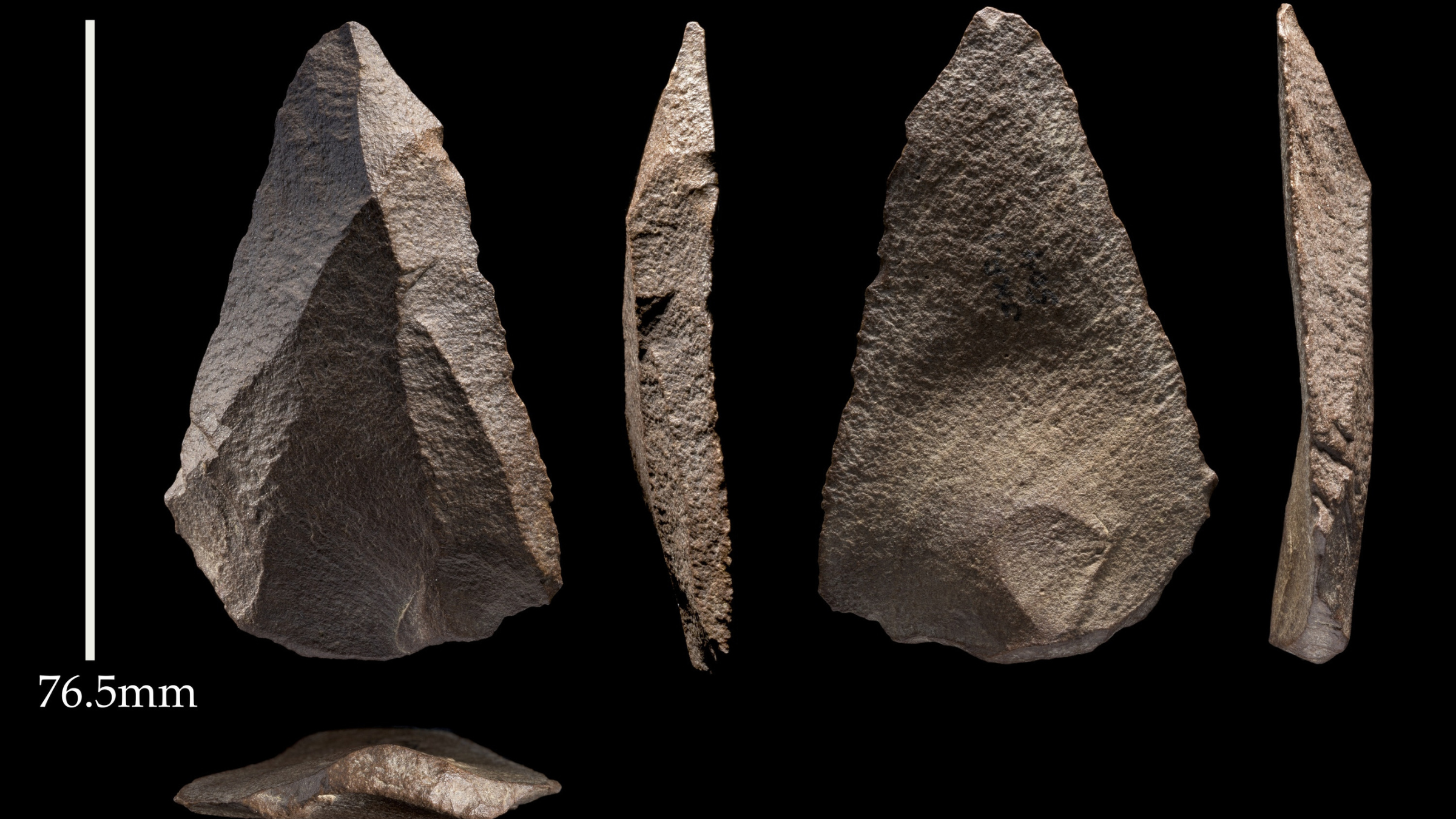 Four stone tools against a black background measured at 76.5 millimeters.