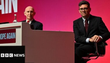 Chancellor of the Exchequer John Healey (L) and Prime Minister Andy Burnham attend the first day of the Labour Party Conference in Liverpool on 27 September 2026.