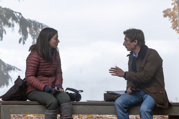 This image released by Sony Pictures shows Mikey Madison, left, and Jeremy Allen White in a scene from “The Social Reckoning.” (Leah Gallo/Sony Pictures via AP)