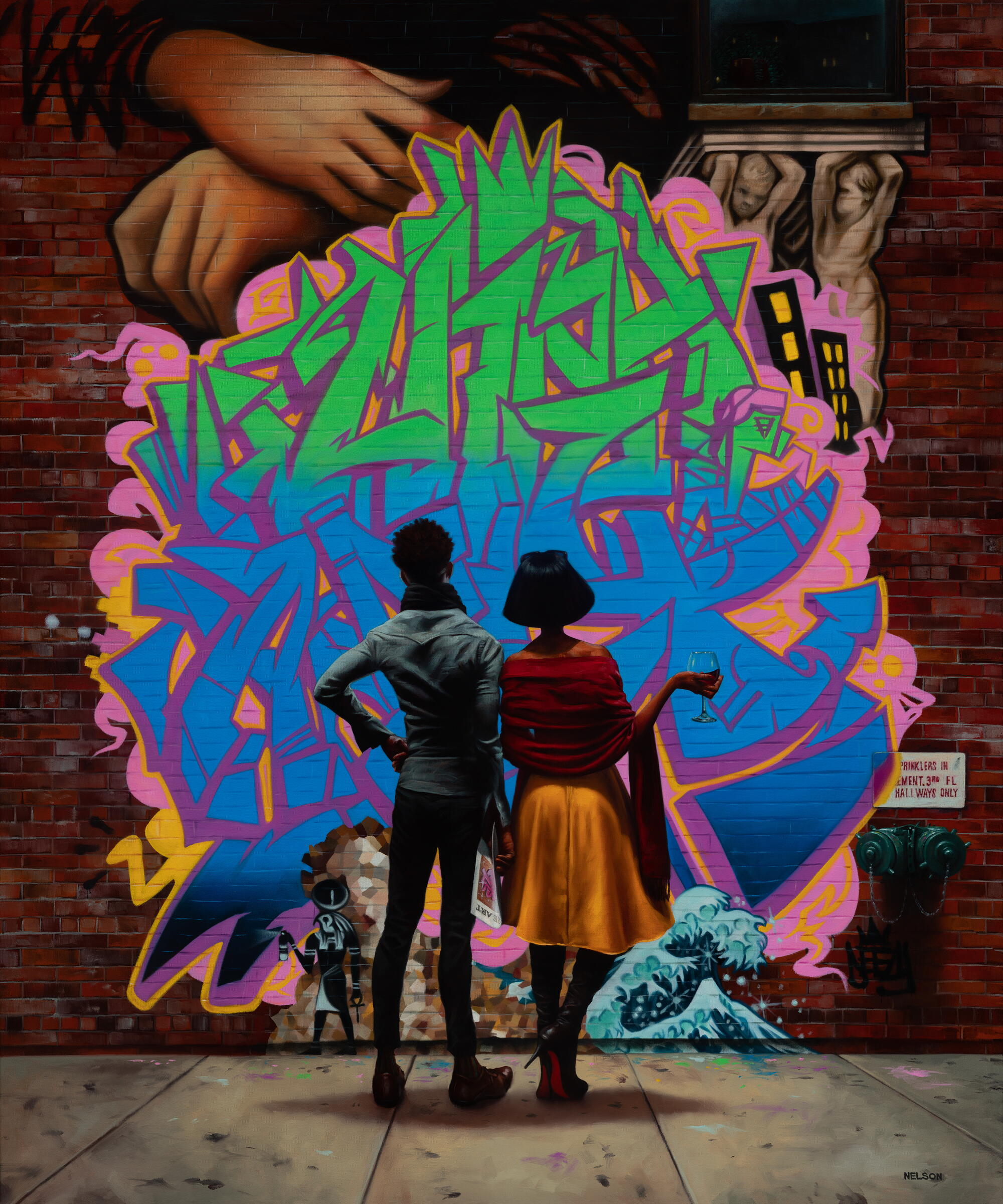 Kadir Nelson's "Art Connoisseurs" portrays two people standing in front of colorful abstract art