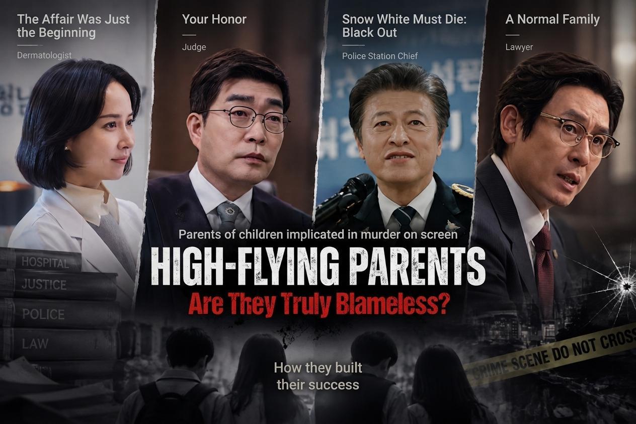 Parents of children implicated in killings appear across recent Korean dramas and films, most of them doctors, judges, police station chiefs and lawyers holding entrenched social privilege. Courtesy of Coupang Play, ENA and Hive Media Corp, captured from MBC