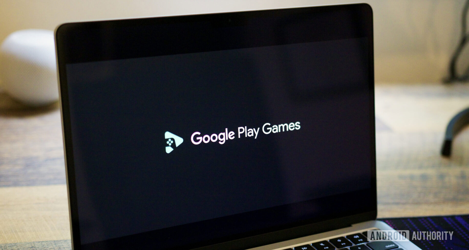 Google Play Games logo on a laptop screen.