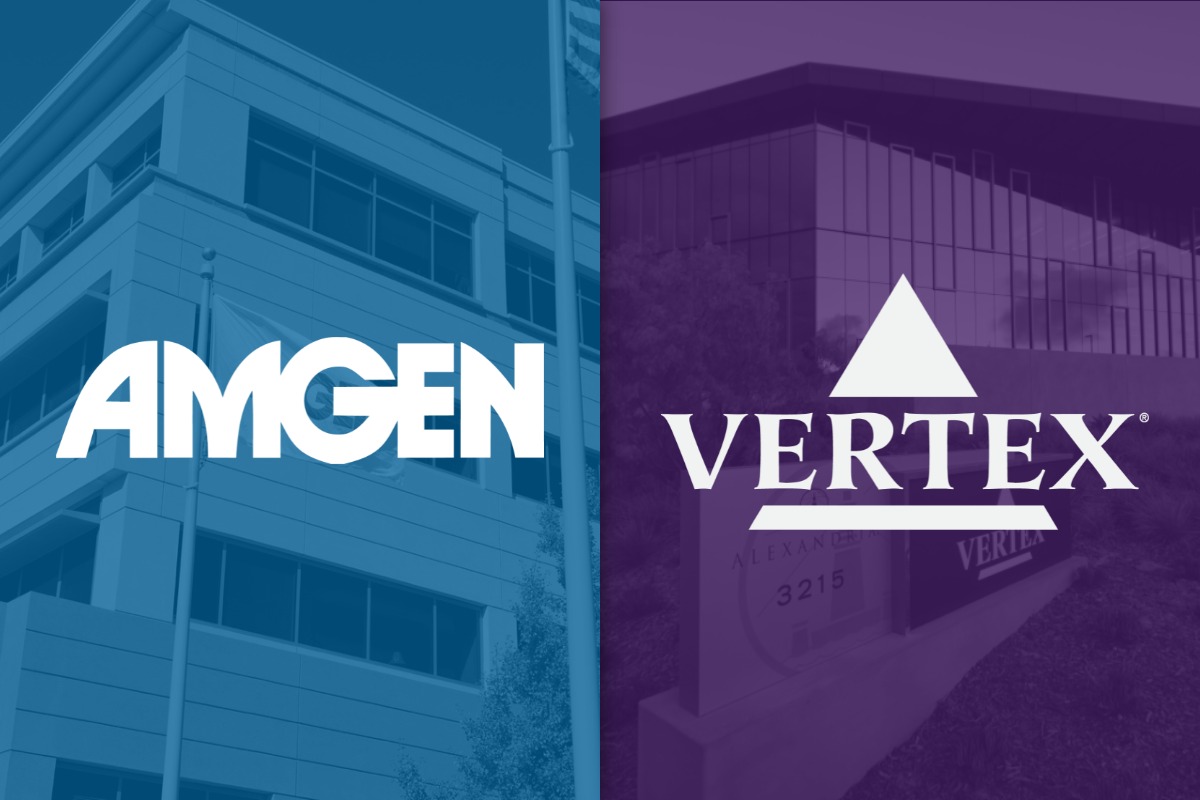 Amgen and Vertex logos overlaid on modern office buildings in blue and purple.