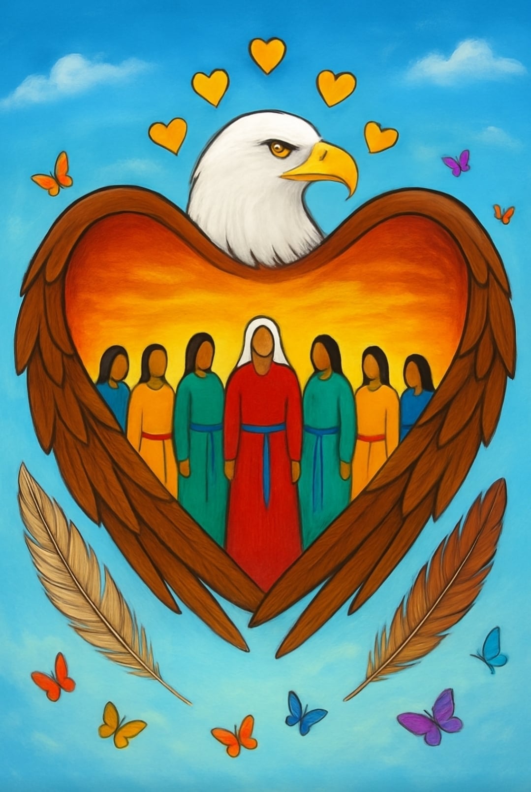 An eagles wings wrapped into a heart with seven First Nations people lined up in row in the centre of the wings.