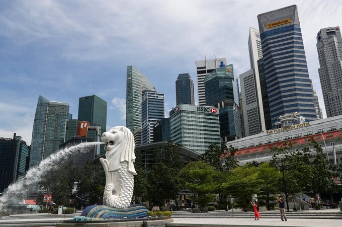 A view of the Merlion statue at the Marina Bay area in Singapore on June 30, 2020. Photo by AP Photo