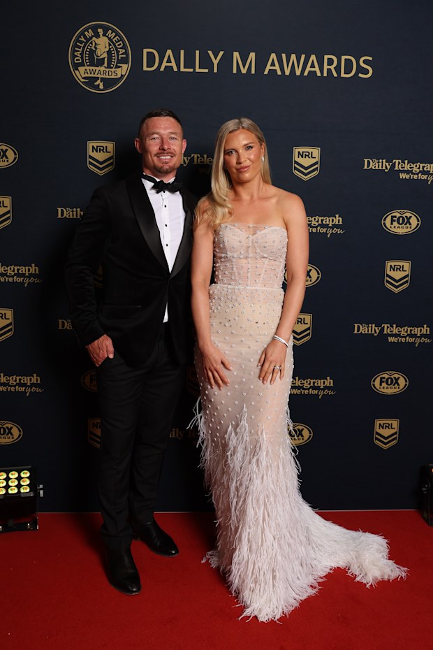 SYDNEY, AUSTRALIA - SEPTEMBER 30: Damien Cook of the St George Illawarra Dragons and Courtney Blaine arrive ahead of the 2026 Dally M Awards at The Cutaway, Barangaroo on September 30, 2026 in Sydney, Australia. (Photo by Mark Metcalfe/Getty Images)