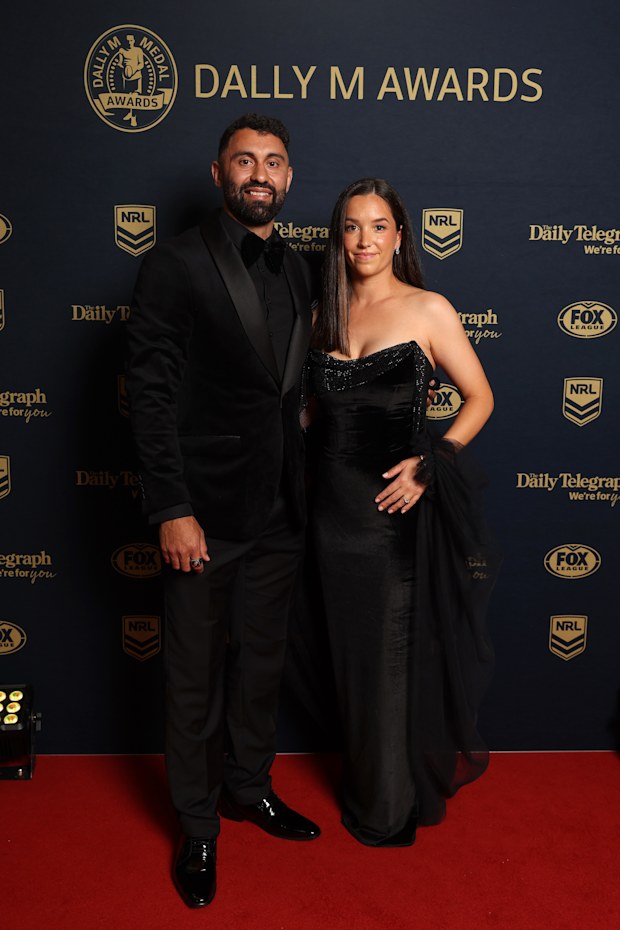SYDNEY, AUSTRALIA - SEPTEMBER 30: Alex Johnston of the South Sydney Rabbitohs and Taryn Carson arrive ahead of the 2026 Dally M Awards at The Cutaway, Barangaroo on September 30, 2026 in Sydney, Australia. (Photo by Mark Metcalfe/Getty Images)