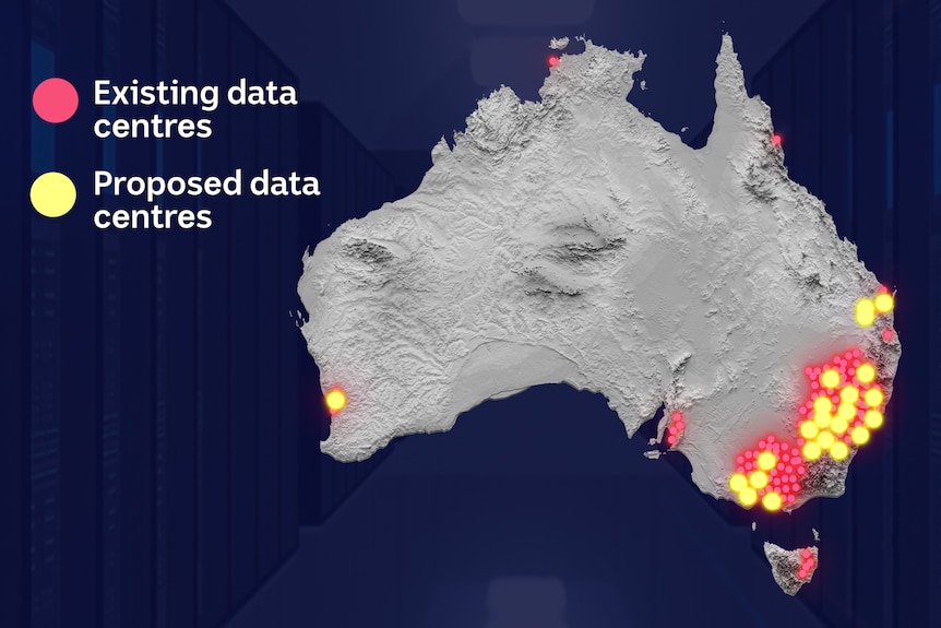 A grey map of Australia with small red dots showing existing data centres and larger yellow dots showing proposed centres.