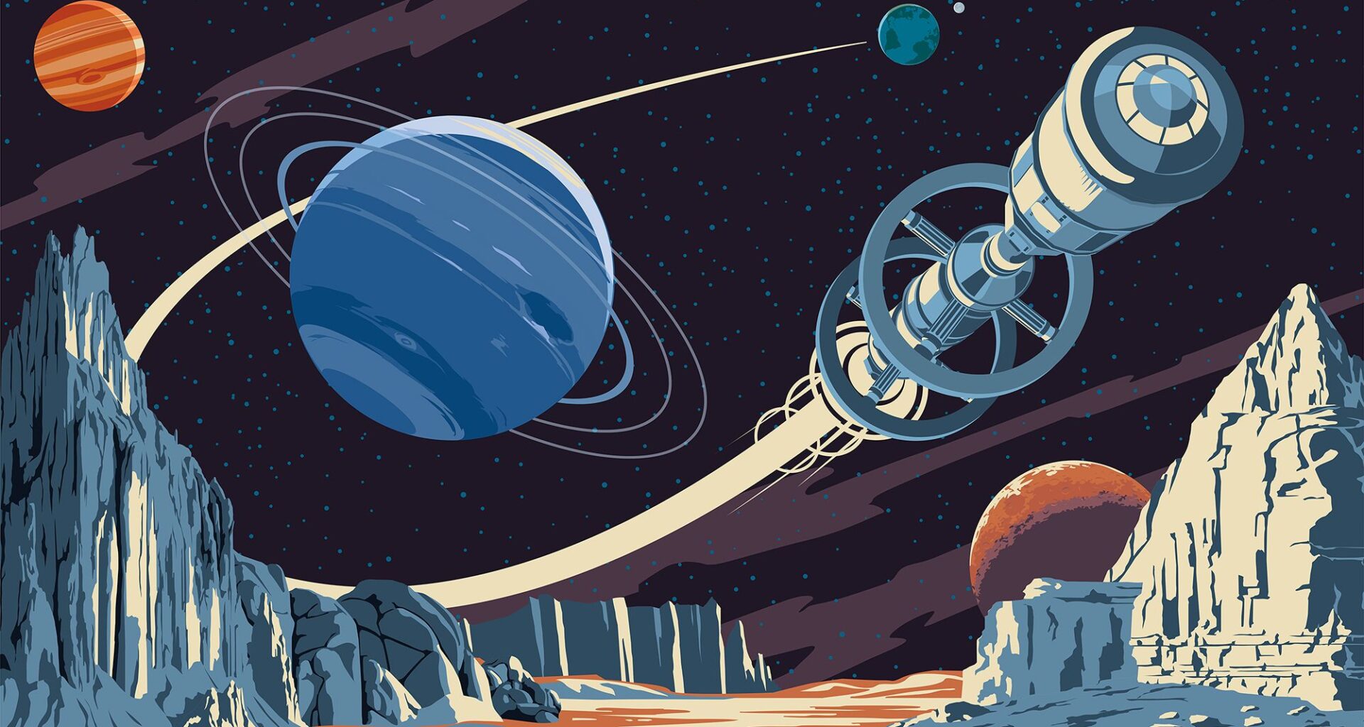 A cartoon showing a cylindrical spacecraft flying by planets.