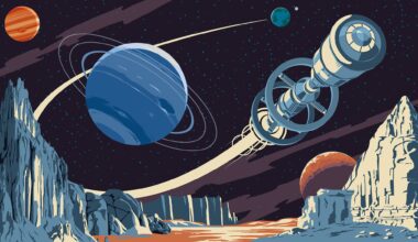 A cartoon showing a cylindrical spacecraft flying by planets.