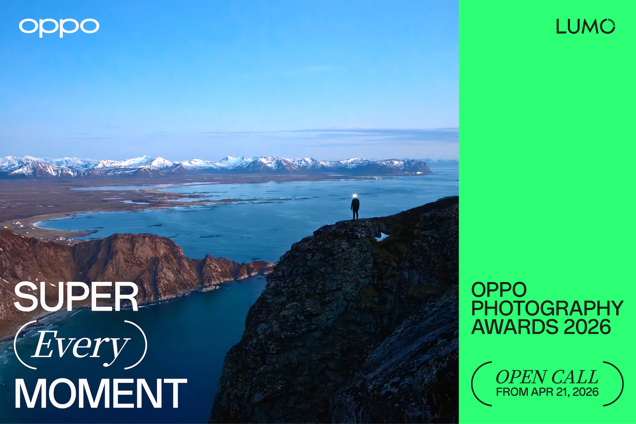 OPPO Photography Awards 2026 poster &ndash; showing a seascape with a person standing on a nearby landscape, with "Super (every) moment" slogan