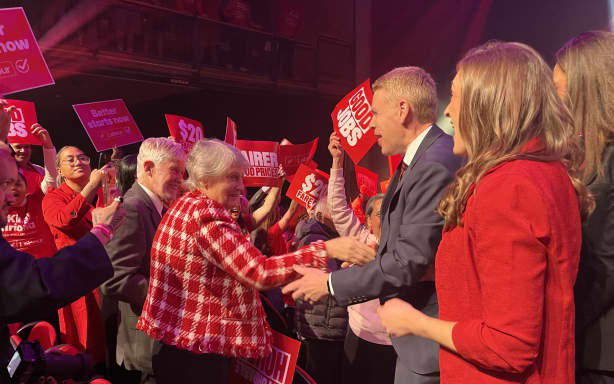Chris Hipkins shakes hands with former Prime Minister Helen Clark during the Labour Party campaign launch at the Due Drop Centre in Manukau, Auckland, on 27 September 2026.